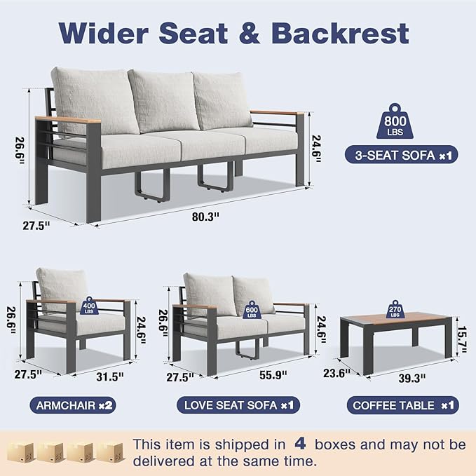 Aoxun Aluminum Patio Furniture Set 3 Seats, Oversized Outdoor Sectional with Washable Thick Cushions, Coffee Table and Waterproof Cover, Patio Conversation Sets for Porch, Balcony, Deck