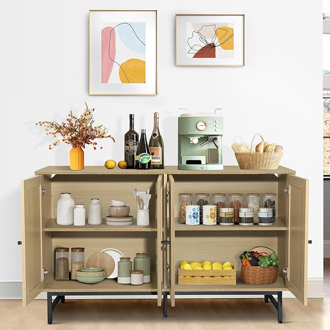 Sideboard Buffets Cabinet with 4 Rattan Doors, Large Storage Accent Cabinet Credenzas Modern Console Table for Living Room, Kitchen (Natural)