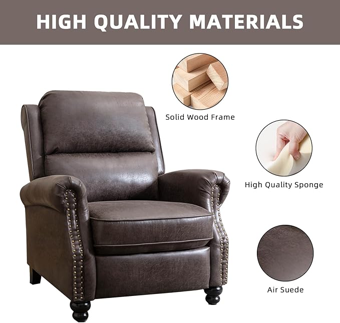 Push Back Recliner Chair Faux Leather Lounge Armchair with Rivet Decoration Wingback Single Sofa Chair with Padded Seat Solid Wood Legs for Living Room, Comfy Upholstered Set of 2, Dark Grey