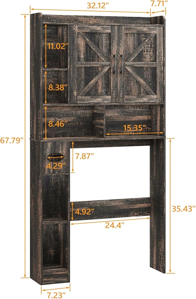 Over The Toilet Storage Cabinet, Farmhouse Storage Cabinet Over Toilet with 2 Barn Doors & Toilet Paper Holder Stand,Home Space-Saving Toilet Rack, for Bathroom, Restroom, Laundry