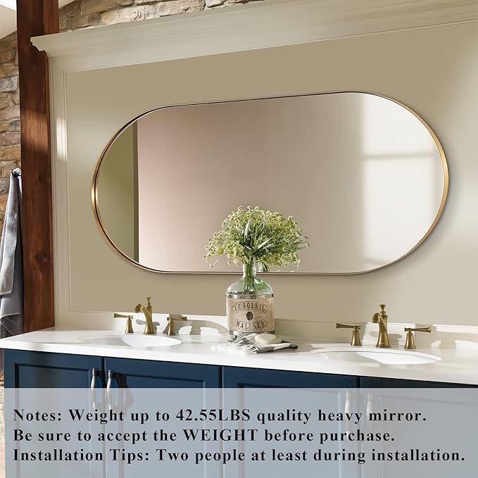 ANDY STAR Gold Bathroom Mirror 60 x 30 Inch, Full Length Mirror, Oval Vanity Mirror, Pill Shaped Mirror in Stainless Steel 1’’ Deep Wall Mounted Vertical/Horizontal