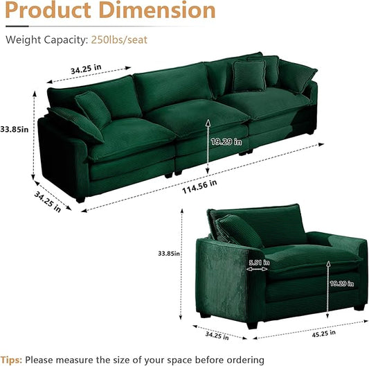 mikibama Luxury 3 Piece Sofa Set, 3-Seater & 2 Single Sofa Set, Modern Corduroy Comfy Cloud Couches Set for Living Room Office with 2 Armrest Pillows and 5 Toss Pillows, Green