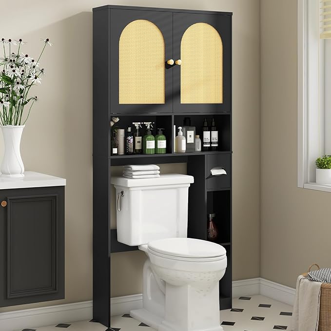 Vabches Rattan Toilet Storage Cabinet, Over Toilet Storage Wood Cabinet with 2 Doors & Toilet Paper Holder Stand, Bathroom Organizer Home Space Save Toilet Rack for Bathroom, Laundry, Restroom, Black