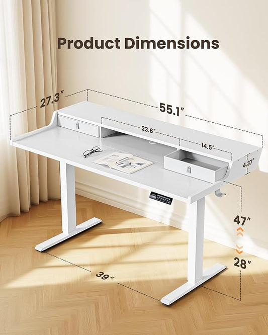 ErGear Electric Standing Desk with Drawers, 55″ x 28″ Gaming Table Compatible Monitor Stand, Stand up Desks, Home Office Height-Adjustable Desk with Storage Shelf, 4 Preset Heights, White