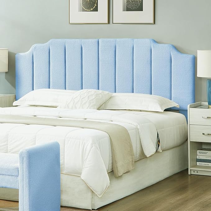 24KF Light Blue Teddy Fabric Tufted King Upholstered Headboard, Modern Vertical Channel Design California King Headboard with Stepped Silhouette Top Edge,6026-K-Teddy Light Blue