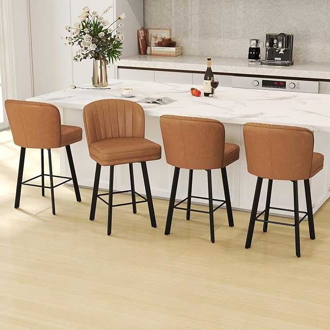 Swivel Counter Height Bar Stools Set of 4, 26'' Modern Barstools with Backs and Metal Legs, Upholstered Bar Chairs, Faux Leather Whiskey Brown Stools for Kitchen Island Chairs