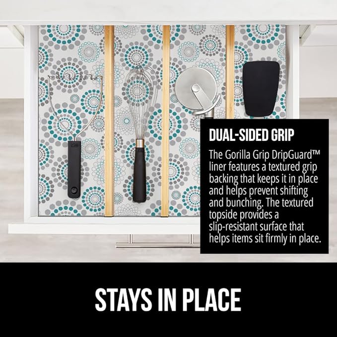 GORILLA GRIP DripGuard Shelf Liner, Non Adhesive Drawer and Kitchen Cabinet Protector, Slip Resistant BPA Free Smooth Surface Plastic Liners for Cabinets, Bathrooms, Closets, 12x240 Inch, Spiral