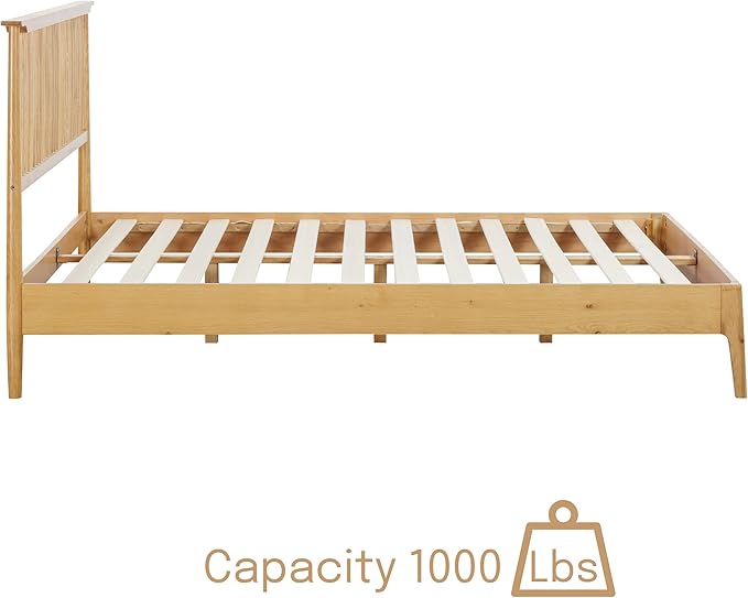 NTC Ruby Wooden Bed Frame with Headboard, Solid Oak and Rubber Wood Foundation with Silent Slats and Wood Central Supports, 1000 Lb Capacity, Effortless Assembly, King - Rustic Oak