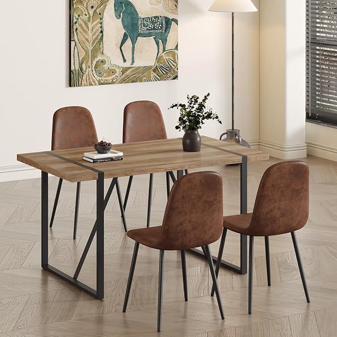 4 Chair Dining Table Set,Dinner Table Set for 4,55'' Kitchen Table and Suede Nap Fabic Chairs Set of 4, 5 Piece Dining Table Set for Kitchen Dining Room