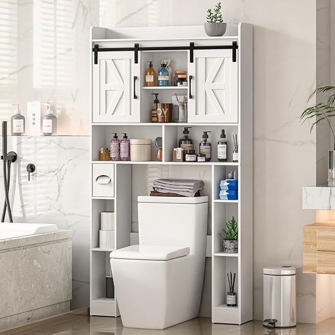 Farmhouse Storage Cabinet Over Toilet with Sliding Doors,Over The Toilet Storage Cabinet, Home Space-Saving Toilet Rack, for Bathroom, Restroom, Laundry.