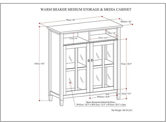 SIMPLIHOME Warm Shaker SOLID WOOD 39 inch Wide Transitional Medium Storage Media Cabinet in Light Golden Brown for the Living Room, Entryway and Family Room