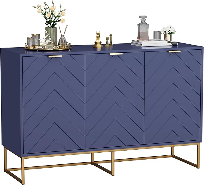 Scurrty 31.5'' Navy Blue Sideboard Cabinet, 3-Door Buffet with Adjustable Shelf & Herringbone Design, Versatile Storage Cabinet for Kitchen, Living Room & Entryway