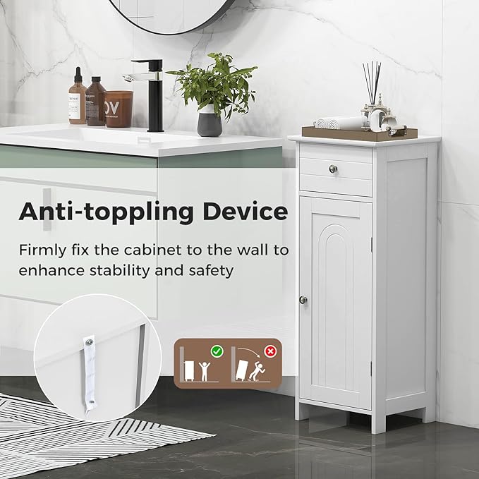 LOKO Bathroom Floor Cabinet, Freestanding Single Door Storage Cabinet with Drawer & Adjustable Shelves, Corner Narrow Storage Organizer for Living Room, Entryway (White)