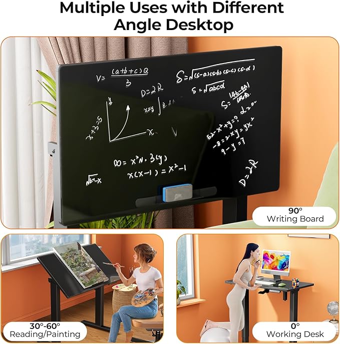 Glass Standing Desk,35inch Whole Piece Rolling Sit Stand Table with Wheels,90° Tiltable Mobile Rising Height Adjustable,Foldable Top Suit for Small Laptop,Black