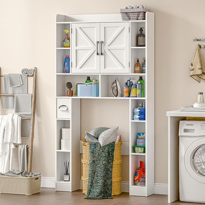 Farmhouse Storage Cabinet Over Toilet with Barn Doors,Over The Toilet Storage Cabinet, Home Space-Saving Toilet Rack, for Bathroom, Restroom, Laundry.