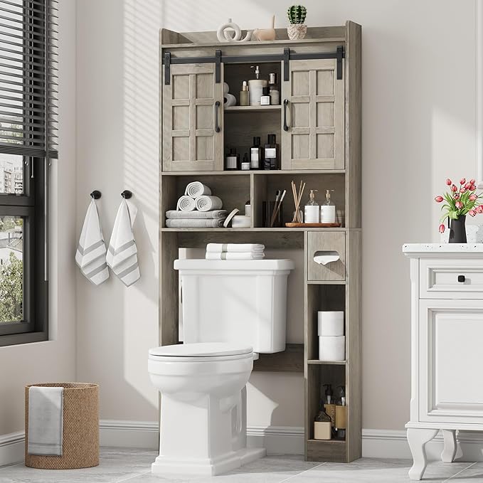 Over The Toilet Storage Cabinet, Farmhouse Storage Cabinet Over Toilet with Sliding Doors,Home Space-Saving Toilet Rack, for Bathroom, Restroom, Laundry.Wash Grey