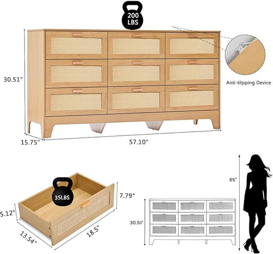 Natural Rattan 9-Drawer Dresser | Modern Bohemian Storage Chest – Includes Anti-Tip Wall Straps & Metal Slides | Versatile Furniture for Bedroom or Living Room
