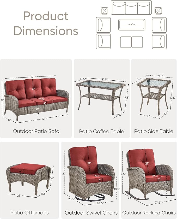 Patio Furniture-All Weather Wicker Patio Conversation Sets with Swivel Patio Chairs High Back Outdoor Couch with Swivel Rocking Chairs Outdoor Furniture for Deck Lawn Porch Balcony Poolside-Grey/Red