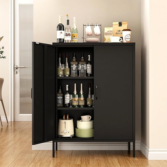 Metal Locker Cabinet, Black Storage Cabinets with 2 Doors and Adjustable Shelves, 3 Tier Modern Storage Freestanding Sideboard for Living Room,School,Office Home Kitchen and Coffee Bar
