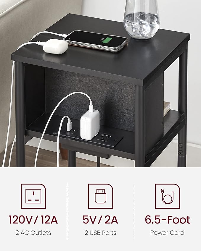 VASAGLE Side Table with Charging Station, 3-Tier End Table with USB Ports and Outlets, Nightstand for Living Room, Bedroom, 11.8 x 13.4 x 22.8 Inches, Plug-in Series, Black