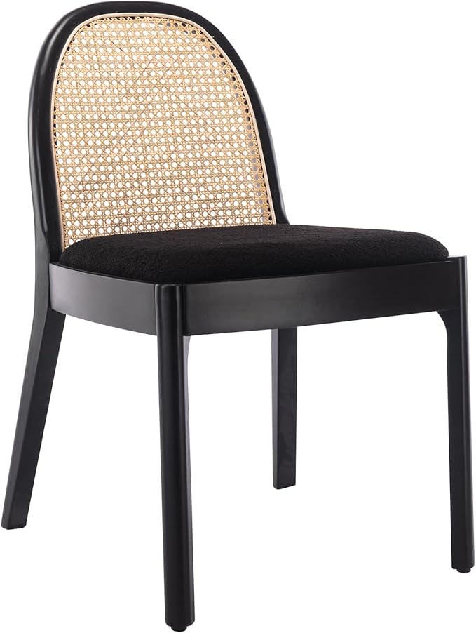 Upholstered Wooden Dining Chairs Set of 4, Farmhouse Kitchen & Dining Room Chairs with Cane Back, Accent Rattan Dining Table Chairs Sherpa Seat for Kitchen/Restaurant/Living Room, Black