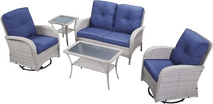 HUMMUH 5-Piece Patio Furniture Wicker Outdoor Conversation Set,All-Weather Rattan Swivel Chairs Bistro Set with Loveseat Coffee Table for Backyard,Poolside,Deck(Grey/Blue)