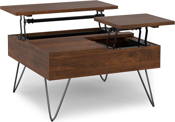 SIMPLIHOME Hunter Lift Top Coffee Table - 32 inch Wide Solid Walnut Veneer and Metal Industrial Square Cocktail Table, Living Room Table with Dual Lift Tops, Hidden Storage and Hairpin Legs