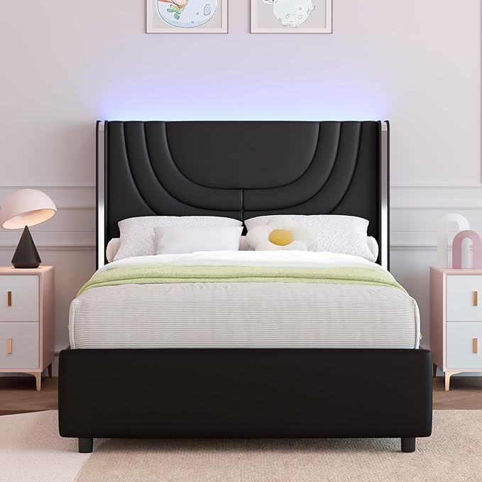 Twin Bed Frame with LED Lights, Faux Leather Upholstered Platform with Silver Wingback Headboard, Modern Style, No Box Spring Needed, Easy Assembly, Black