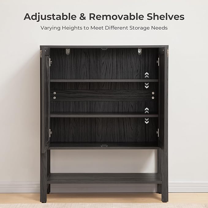 SICOTAS Shoe Storage Cabinet for Entryway - 5 Tier Rattan Entry Shoe Organizer Cabinet with Shelves & Doors, 2 Pieces Farmhouse Boho Tall Shoe Rack for Hallway, Living Room, Closet (Obsidian)