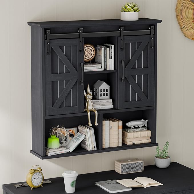 Vabches Bathroom Wall Cabinet, Farmhouse Medicine Cabinet with Double Sliding Barn Door and Adjustable Shelves, Wooden Vintage Storage Cabinet Wall Mounted for Bathroom, Kitchen Dining, Black
