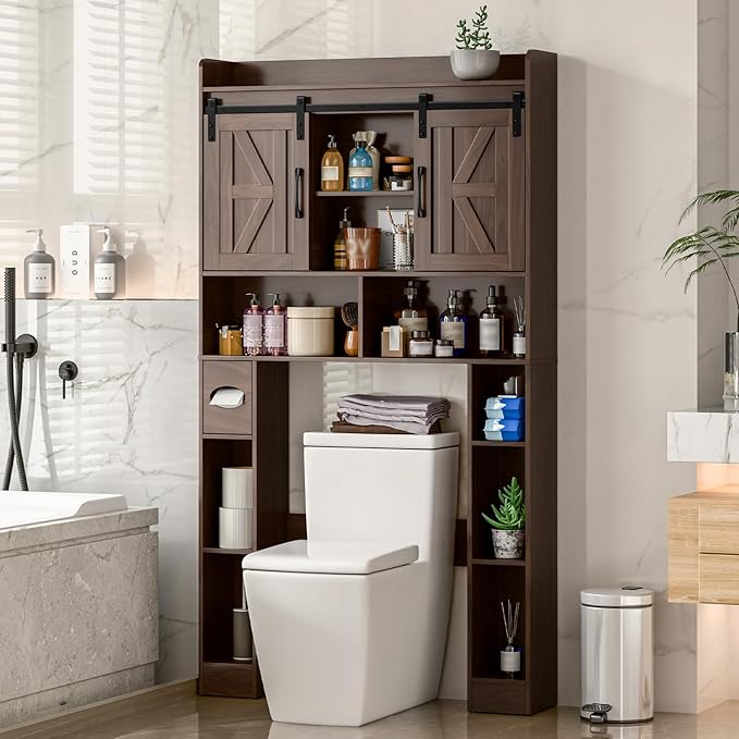 Farmhouse Storage Cabinet Over Toilet with Sliding Doors,Over The Toilet Storage Cabinet, Home Space-Saving Toilet Rack, for Bathroom, Restroom, Laundry.Espresso