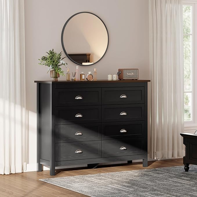 Black Dresser for Bedroom, Farmhouse 8 Drawer Double Dresser with Vintage Antique Handles, Modern Tall Dressers and Chest of Drawers for Bedroom