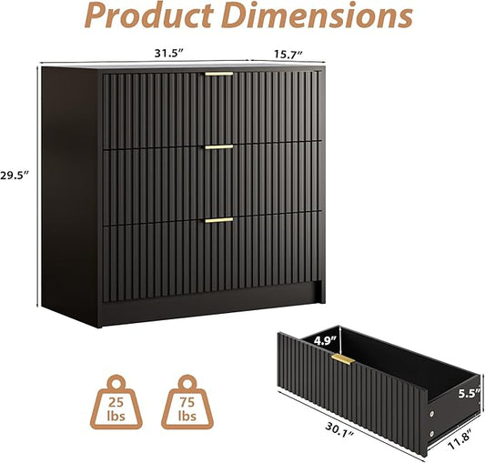 Black Fluted Dresser for Bedroom, 32 Inch Wide Nightstand with Large Drawer, 3 Drawer End Table for Bedroom, Living Rooms, Offices, and Entryways