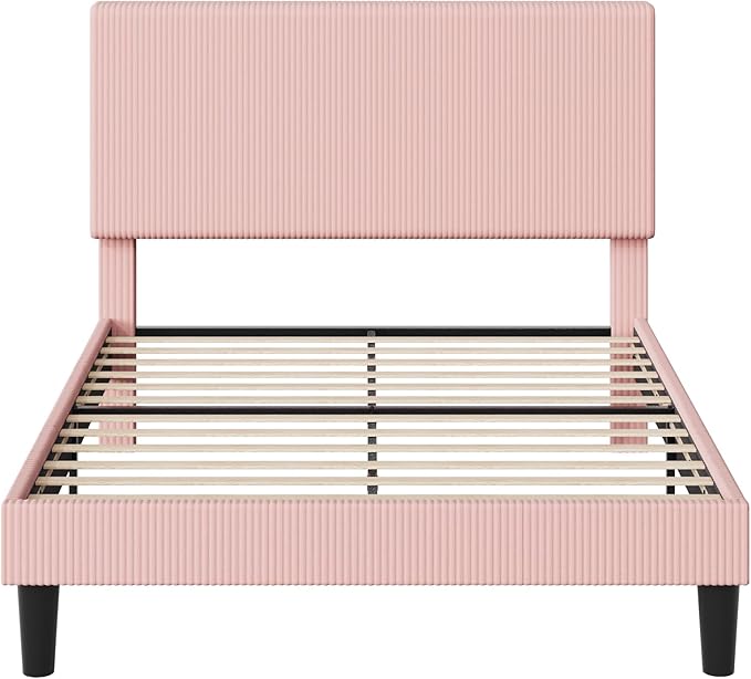 Allewie Queen Size Upholstered Bed Frame with Vertical Channel Tufted Headboard, Soft Corduroy Fabric Platform Bed, Strong Wooden Slats Support, Easy Assembly, No Box Spring Needed, Light Pink