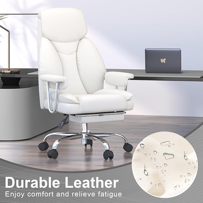 Big and Tall Office Chair, Executive Home Office Desk Chair, Comfy Leather High-Back Reclining Computer Chair with Retractable Footrest and Padded Arms, 360°Swivel Rolling Wheels, Wide Seat, White