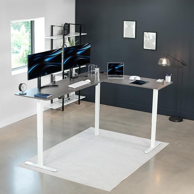 VIVO Corner Standing Desk, 84 x 63 inch Reversible L-Shaped Workstation, Electric Height Adjustment, Home, Office, and Reception Rooms, Dark Gray Table Top White Frame, DESK-E3CTWG-84