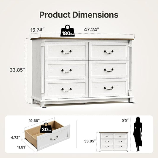 Amada 6 Drawers Dresser for Bedroom, Farmhouse 47" Wide Dresser & Chest of Drawers with Roman Column Design, Large Storage Organizer with 6 Drawer Sizes for Bedroom, Living Room