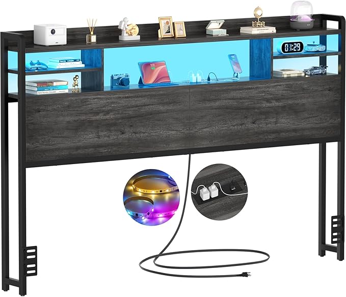 Aheaplus Headboard for Queen Size Bed with Storage, Headboards with LED Light, Power Outlets, USB Ports Queen Size Head Board, Wood headboard Only Sturdy and Stable Headboards, Modern, Black Oak