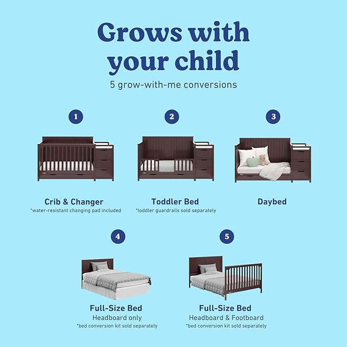 Graco Hadley 5-in-1 Convertible Crib & Changer (Espresso) – GREENGUARD Gold Certified, Fits Standard Crib Mattress, Converts to Toddler Bed and Full Bed, 4 Adjustable Mattress Heights