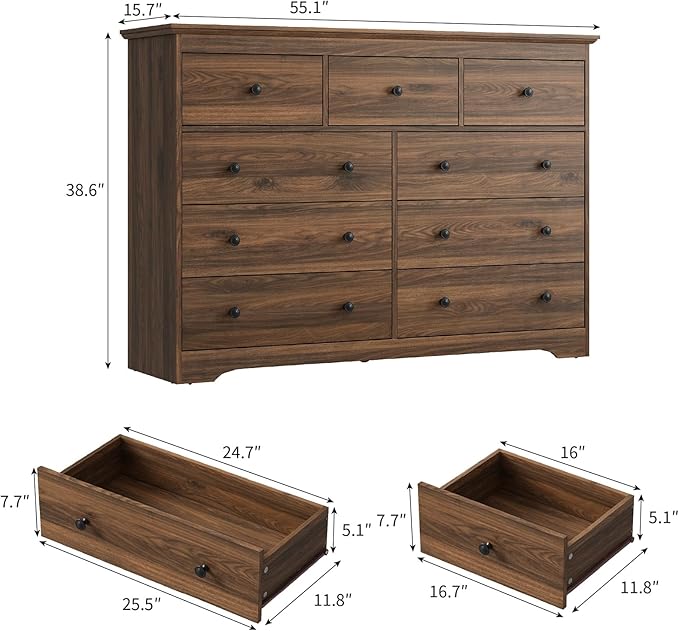 LYNSOM Modern 9 Drawer Dresser, 55.1" Wide Dressers & Chests of Drawers with Large Capacity Storage, Wood Mid Century Storage Dressers Organizer for Bedroom, Hallway, Brown