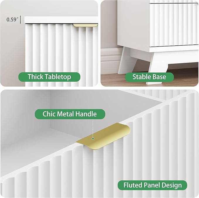 Fluted Dresser for Bedroom with 6 Drawers, 46" Tall Modern Chest of Drawers with Metal Handle, Wooden Dresser TV Stand, Wood Closet Clothes Storage Organizer for Living Room, Hallway, White