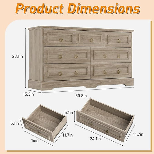 Maupvit Dresser, Vintage Design Wood Rustic Chest of Drawers with Natural Texture, Sturdy & Durable Farmhouse Dresser, Ideal Storage Dressers for Living Room (Grey, 7 Drawers)