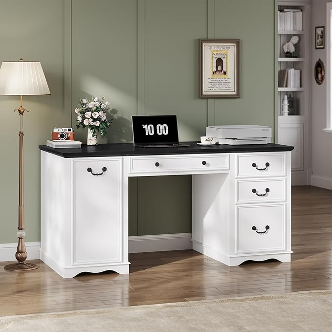 60'' Farmhouse Executive Desk with Drawers, Home Office Desk with Power Outlet & Keyboard Tray, Wood Computer Desk with File Drawer & Slide-Out Storage Shelves, Writing Desk for Work, White
