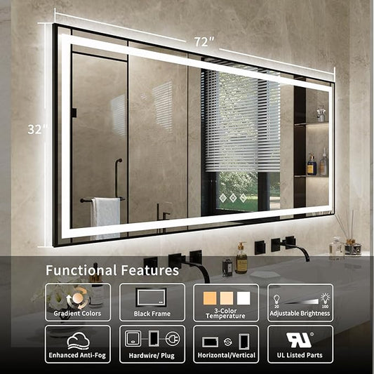 Bathroom Mirrors for Wall, 72x32 Inch Black Framed Gradient Front and Backlit Smart Mirror, 3 Colors Dimmable CRI>90, IP54 Enhanced Anti-Fog Wall Mounted Bathroom Mirror Frame