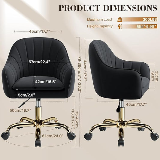 Comfy Home Office Desk Chairs Vanity Chair with Wheels Adjustable Modern Velvet Makeup Vanity Chairs for Bedroom Living Room(Black)