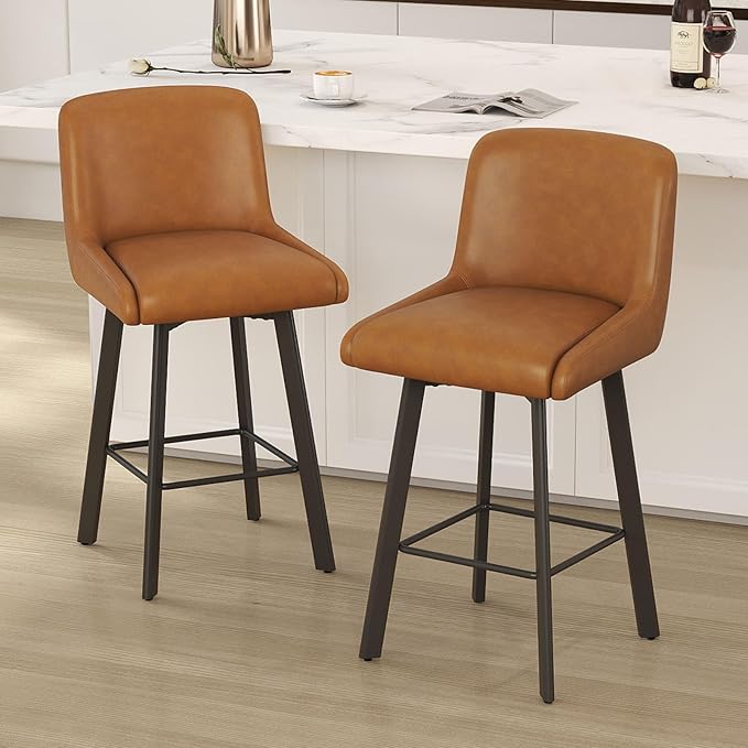 Swivel Counter Height Bar Stools Set of 2, 26''H Upholstered Barstools with Backs, Modern Bar Stool Chairs for Kitchen Island, Metal Legs, Faux Leather, Whiskey Brown Stools Counter Chair