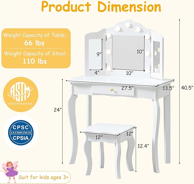 Kids Vanity, Little Girls Vanity Set with Stool and Light, 2 in 1 Wooden Kids Vanity Table and Chair Set, Princess Makeup Table with Drawer for Girls