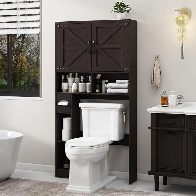 Vabches Over The Toilet Storage Cabinet, Farmhouse Storage Cabinet Over Toilet with 2 Barn Doors & Toilet Paper Holder Stand,Home Space-Saving Toilet Rack, for Laundry, Restroom, Bathroom.Walnut