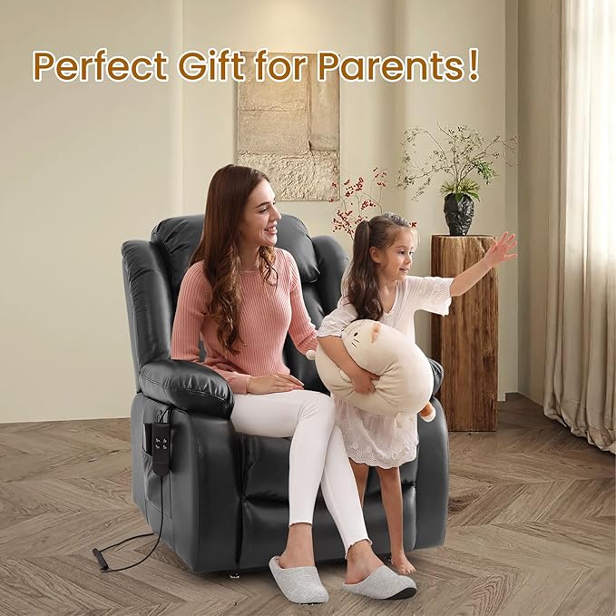 TEKAMON Power Lift Recliner Chair for Elderly with Heat & Massage, Dual Motor Genuine Leather Recliner, Lay Flat Sleeping Chairs with Infinite Position, RemoteControl(Black, Extended)