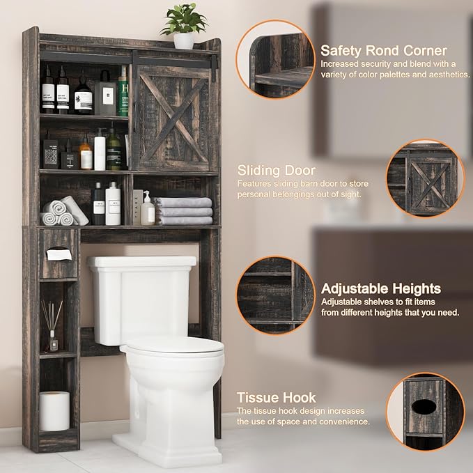 Over The Toilet Storage Cabinet, Farmhouse Storage Cabinet Over Toilet with Sliding Doors & Toilet Paper Holder Stand,Home Space-Saving Toilet Rack, for Bathroom, Laundry(Dark Grey)